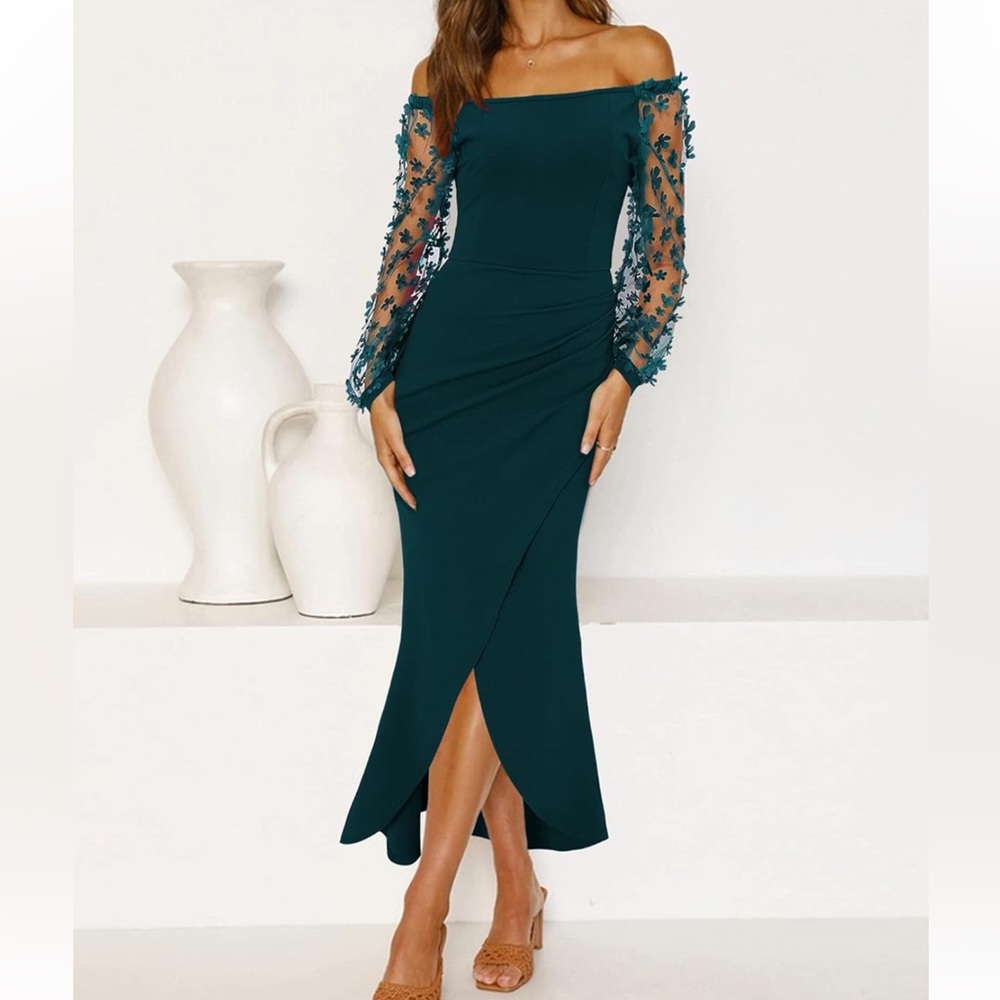 Women Elegant Off Shoulder Dress Sheer Long Wrap Split Bodycon Maxi NWT sz MED